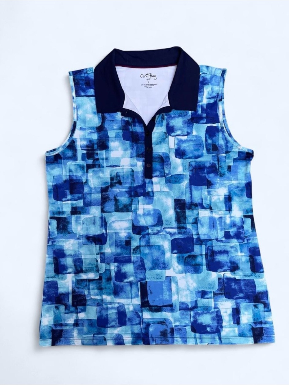 Coral Bay women’s Blue Print Sleeveless Polo shirt golf tennis pickleball fall